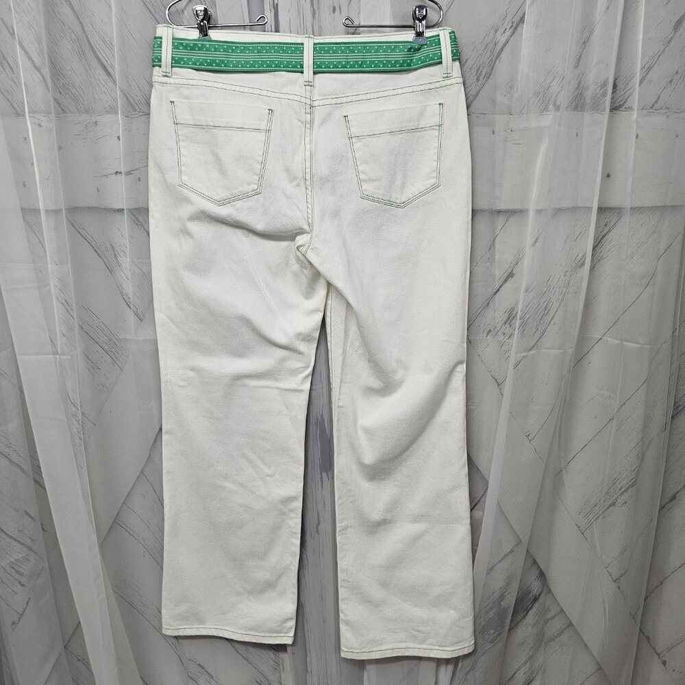 L.L. Bean White Jean Green Preppy Boot Cut Belted Cotton Jeans Size 12 - Picture 7 of 15